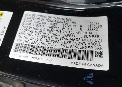 2022 Honda Civic Sport z USA, uszkodzony, nr VIN 2HGFE2F51NH572189